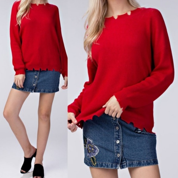 Amor Distressed Edge Sweater (RED) - Picture 4 of 5
